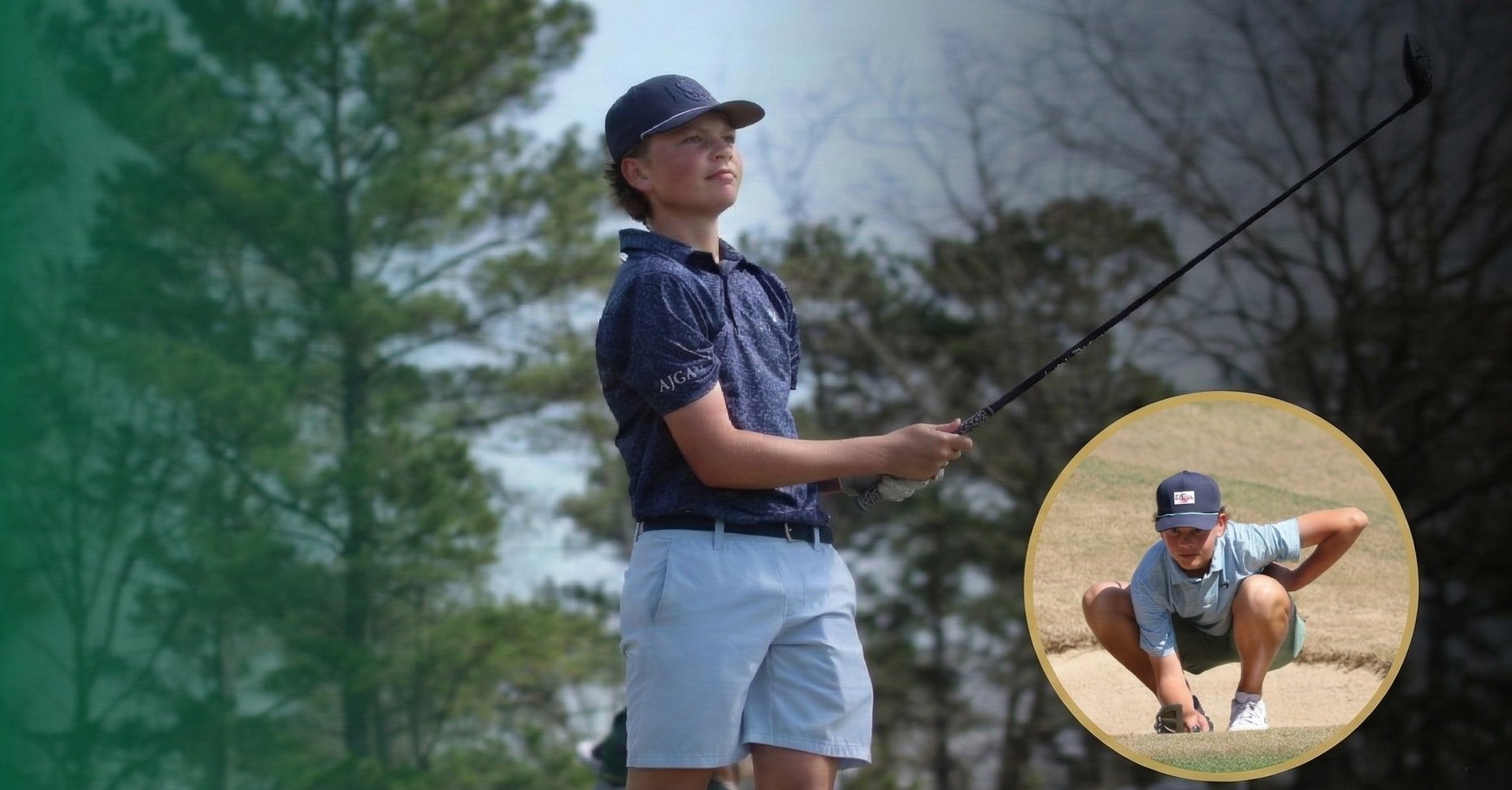 Caden Barber watching a tee shot, with an inset of him reading a putt